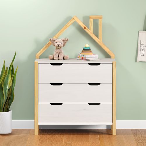 Commode Enfant Elano En Bois Massif 3 Tiroirs - Blanc Et Naturel