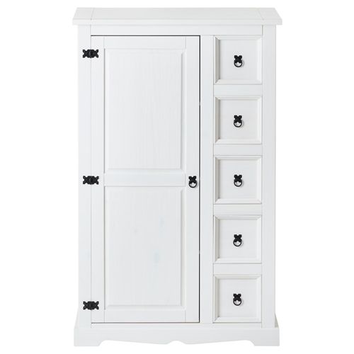 Buffet Apothicaire En Pin Tequila Style Mexicain, 1 Portes Et 5 Tiroirs, Lasuré Blanc