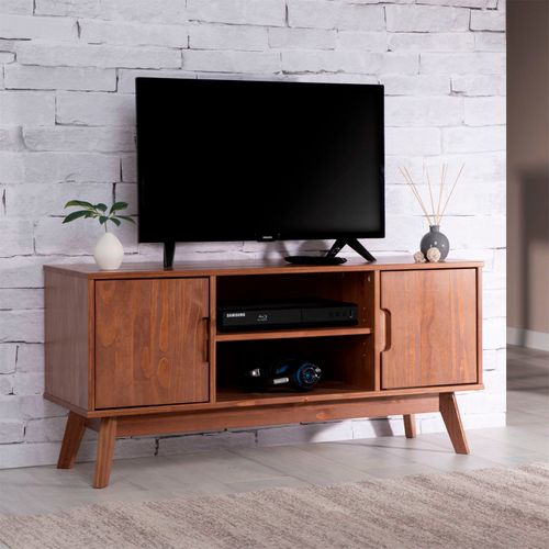 Meuble TV Tivoli, 2 Portes Et 2 Niches, En Pin Massif Lasuré Brun Foncé