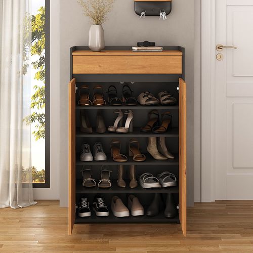 Meuble à Chaussures Tilo Avec 2 Portes En Bois - Noir Et Chêne