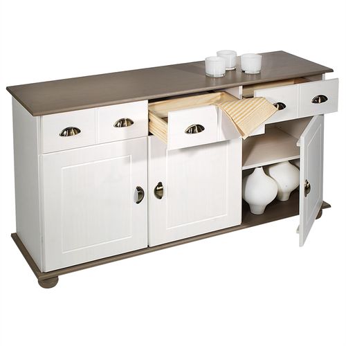 Buffet Colmar En Pin Massif, 3 Tiroirs Et 3 Portes, Lasuré Blanc Et Taupe