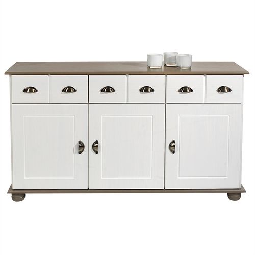 Buffet Colmar En Pin Massif, 3 Tiroirs Et 3 Portes, Lasuré Blanc Et Taupe