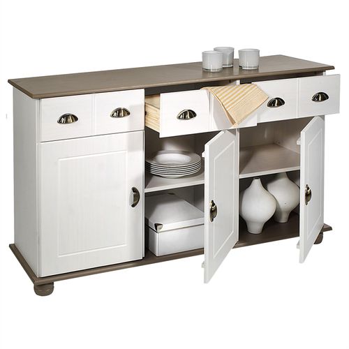 Buffet Colmar En Pin Massif, 3 Tiroirs Et 3 Portes, Lasuré Blanc Et Taupe