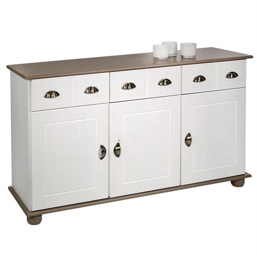 Buffet Colmar En Pin Massif, 3 Tiroirs Et 3 Portes, Lasuré Blanc Et Taupe