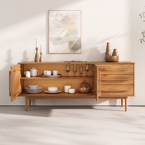 Buffet Tecca L 170 Cm 2 Portes 3 Tiroirs En Bois Massif - Coloris Chêne