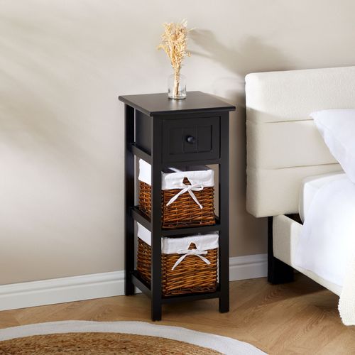 Table De Chevet Talasi Avec 1 Tiroir Et 2 Paniers - En Bois Lasuré Noir