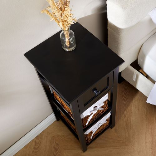 Table De Chevet Talasi Avec 1 Tiroir Et 2 Paniers - En Bois Lasuré Noir