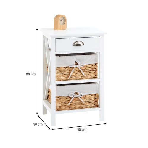 Table De Chevet Raveo Avec 1 Tiroir Et 2 Paniers, En Bois Lasuré Blanc