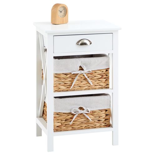 Table De Chevet Raveo Avec 1 Tiroir Et 2 Paniers, En Bois Lasuré Blanc
