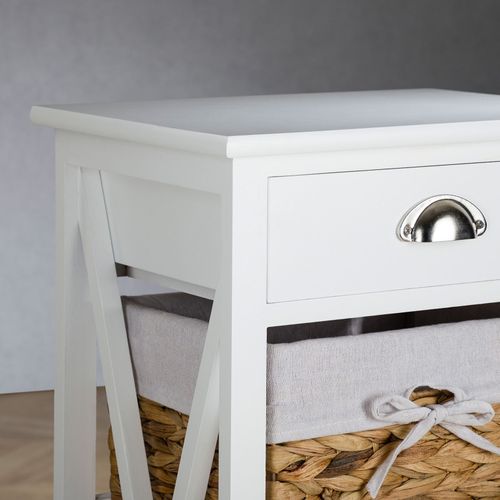 Table De Chevet Nusco Avec 1 Tiroir Et 3 Paniers, En Bois Lasuré Blanc