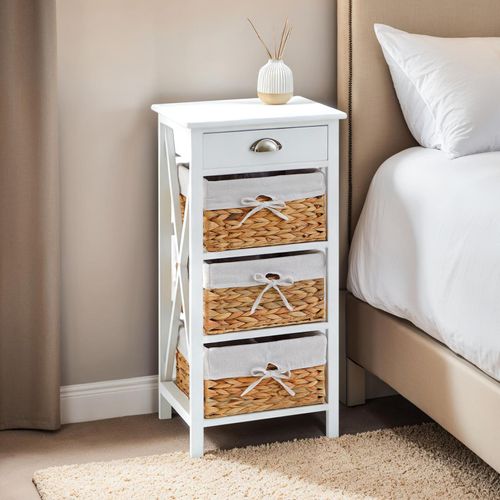 Table De Chevet Nusco Avec 1 Tiroir Et 3 Paniers, En Bois Lasuré Blanc