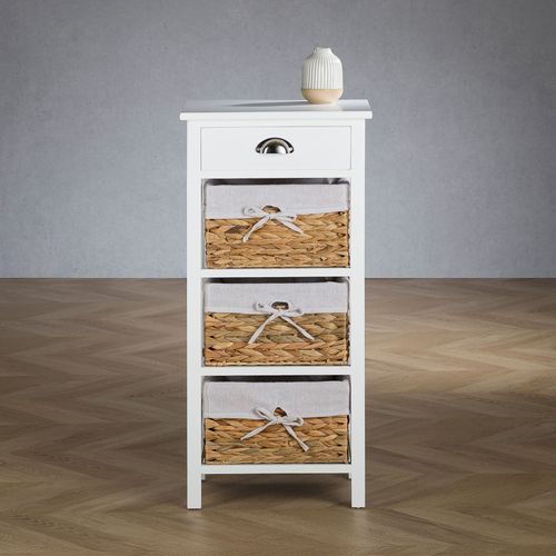 Table De Chevet Nusco Avec 1 Tiroir Et 3 Paniers, En Bois Lasuré Blanc