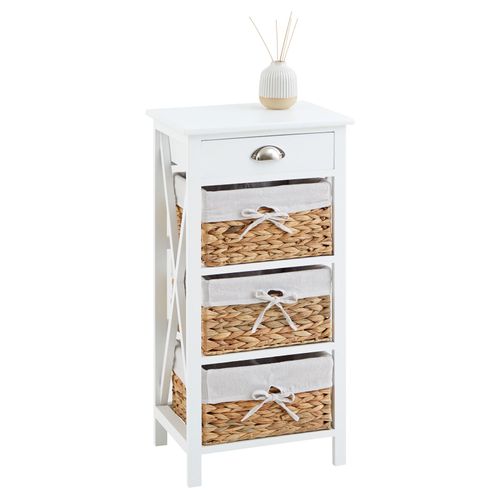 Table De Chevet Nusco Avec 1 Tiroir Et 3 Paniers, En Bois Lasuré Blanc