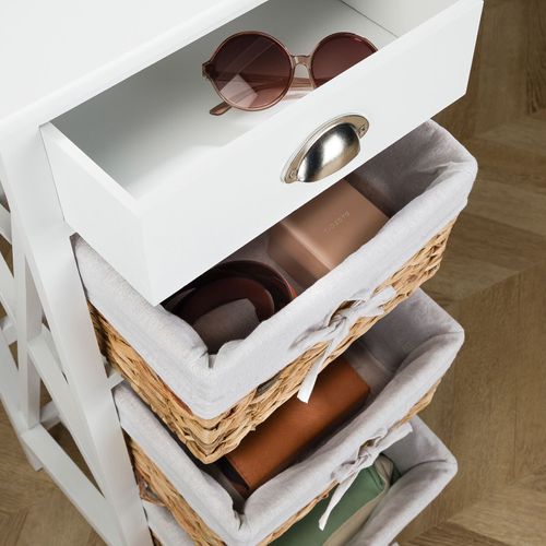 Table De Chevet Nusco Avec 1 Tiroir Et 3 Paniers, En Bois Lasuré Blanc