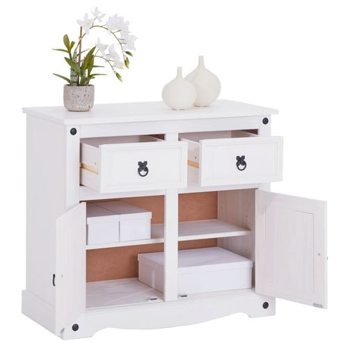 Buffet Rural Avec 2 Tiroirs Et 2 Portes, Style Mexicain En Pin Massif Blanc