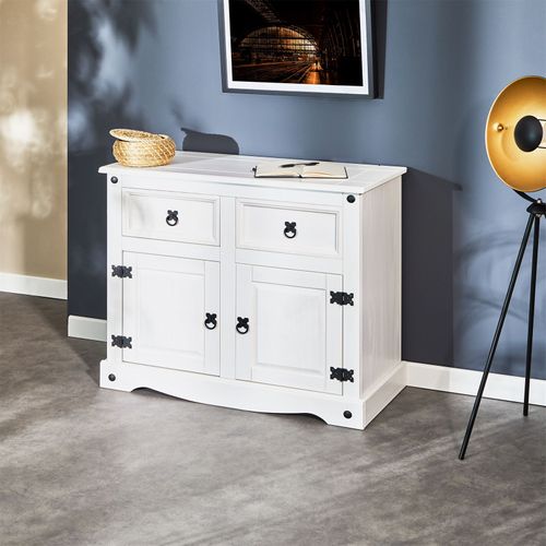 Buffet Rural Avec 2 Tiroirs Et 2 Portes, Style Mexicain En Pin Massif Blanc