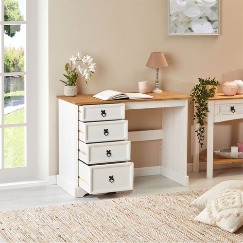 Bureau Campo En Bois Massif L 105 Cm Avec 4 Tiroirs - Blanc