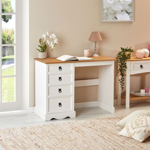 Bureau Campo En Bois Massif L 105 Cm Avec 4 Tiroirs - Blanc