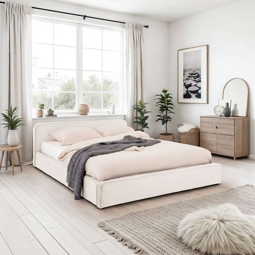 Lit Double Cursio 140 X 190 Cm, Revêtement En Velours Côtelé - Blanc Crème