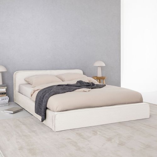 Lit Double Cursio 140 X 190 Cm, Revêtement En Velours Côtelé - Blanc Crème