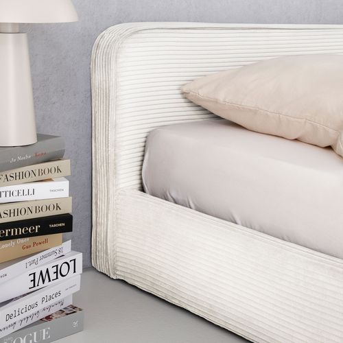 Lit Double Cursio 140 X 190 Cm, Revêtement En Velours Côtelé - Blanc Crème