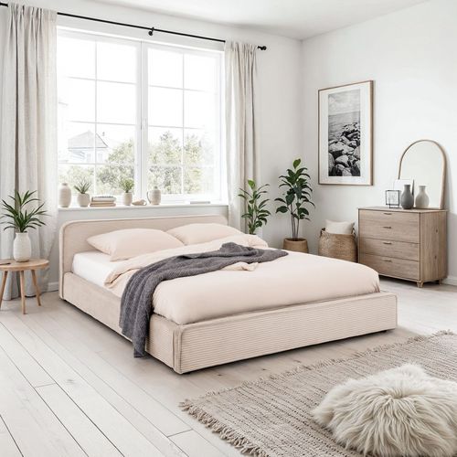 Lit Double Cursio 140 X 190 Cm, Revêtement En Velours Côtelé - Beige