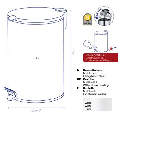 Poubelle 12l Mats 38cm Metal*gris Clair*n - 10640