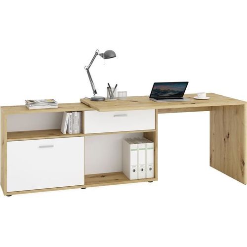 Bureau D'angle Avec Rangements Diego - Mélaminé Chene/blanc Brillant - L138 X H75 X P138 Cm