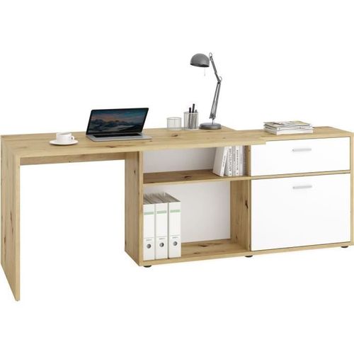 Bureau D'angle Avec Rangements Diego - Mélaminé Chene/blanc Brillant - L138 X H75 X P138 Cm