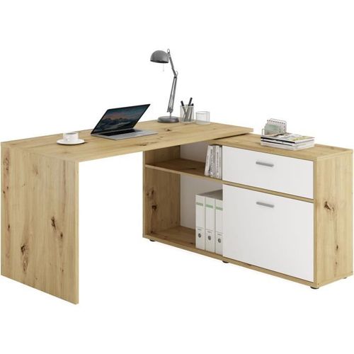 Bureau D'angle Avec Rangements Diego - Mélaminé Chene/blanc Brillant - L138 X H75 X P138 Cm