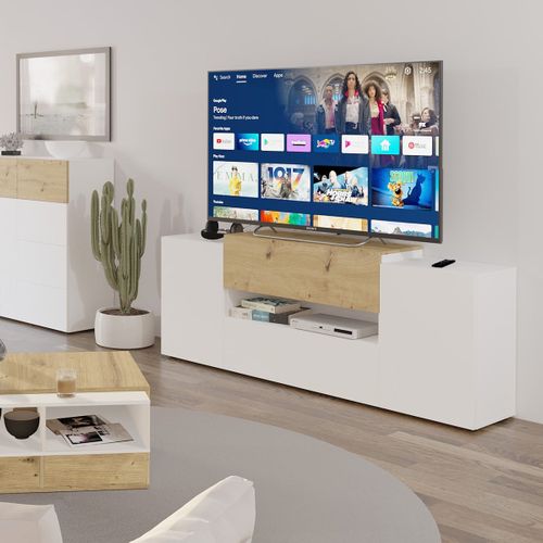 Meuble TV 2 Portes 2 Tiroirs Blanc Brillant Et Chêne Artisan - L182 Cm