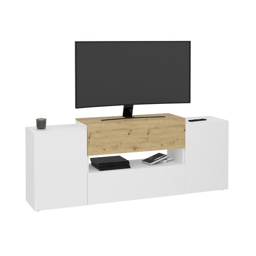 Meuble TV 2 Portes 2 Tiroirs Blanc Brillant Et Chêne Artisan - L182 Cm