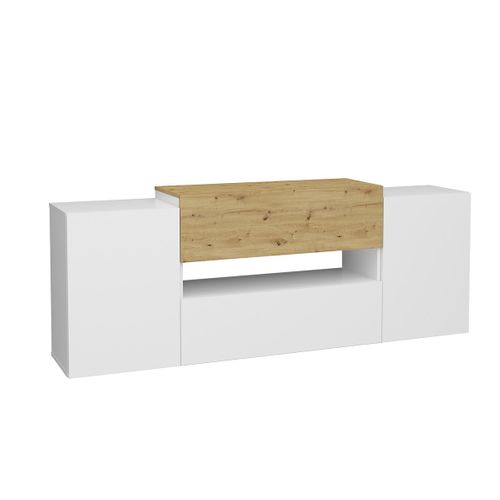 Meuble TV 2 Portes 2 Tiroirs Blanc Brillant Et Chêne Artisan - L182 Cm