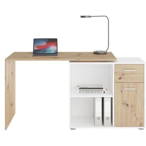 Bureau D'angle Avec Rangements - Mélaminé Chene Et Blanc - L83 X H74 X P117 Cm