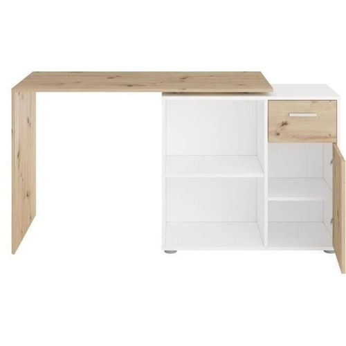 Bureau D'angle Avec Rangements - Mélaminé Chene Et Blanc - L83 X H74 X P117 Cm