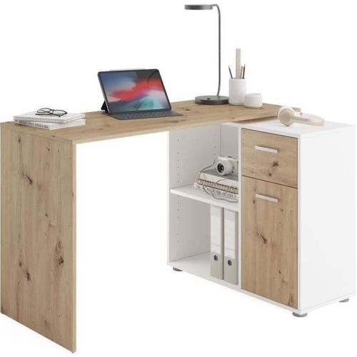 Bureau D'angle Avec Rangements - Mélaminé Chene Et Blanc - L83 X H74 X P117 Cm