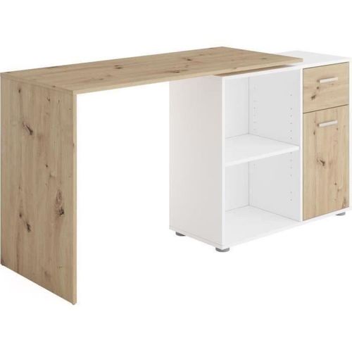 Bureau D'angle Avec Rangements - Mélaminé Chene Et Blanc - L83 X H74 X P117 Cm