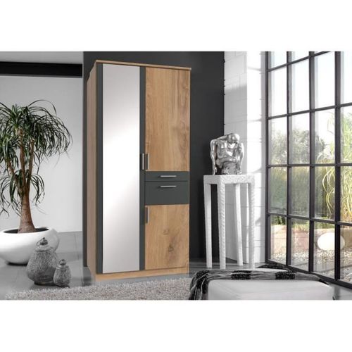 Armoire Décor Chene Et Graphite - 3 Portes Battantes - Miroir - 2 Tiroirs - L90 X P58 X H199 Cm - Vo