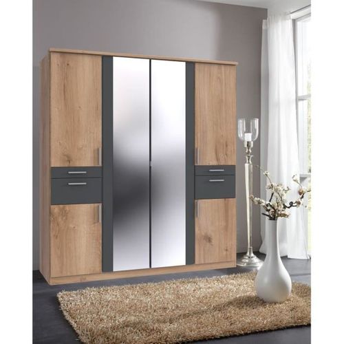 Armoire Décor Chene Et Graphite - 6 Portes Battantes - Miroirs - 4 Tiroirs - L180 X P58 X H199 Cm -