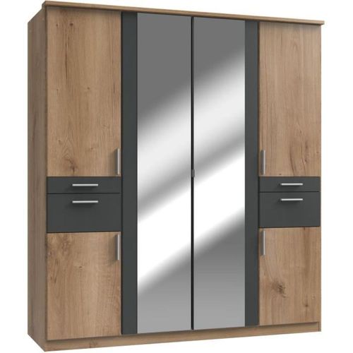 Armoire Décor Chene Et Graphite - 6 Portes Battantes - Miroirs - 4 Tiroirs - L180 X P58 X H199 Cm -