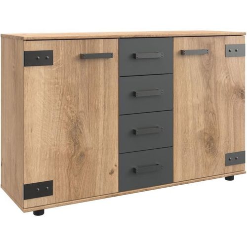 Commode Combinée - Lamia - 2 Portes - 4 Tiroirs - Chene Poutre / Graphite - 130 X 83 X 41 Cm