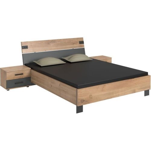 Lit Avec Paire De Chevet à 2 Tiroirs - Lamia - 160 X 200  - Chêne Poutre / Graphite