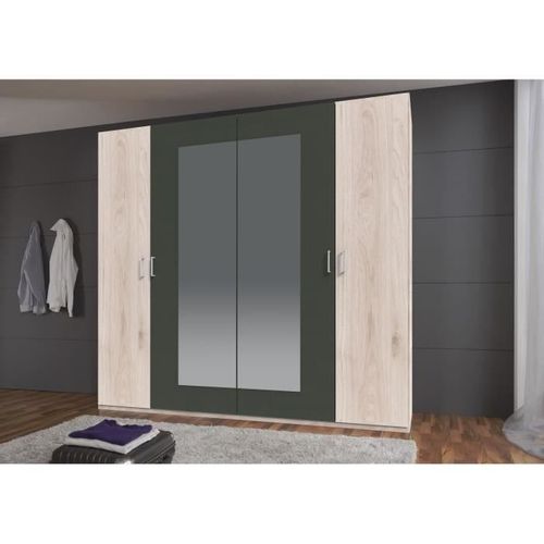 Armoire De Chambre Rhodes - Chêne Hickory / Rechampis Graphite - 4 Portes - 2 Miroirs - 225x58x208cm
