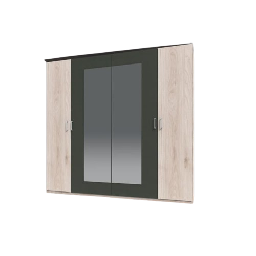Armoire De Chambre Rhodes - Chêne Hickory / Rechampis Graphite - 4 Portes - 2 Miroirs - 225x58x208cm