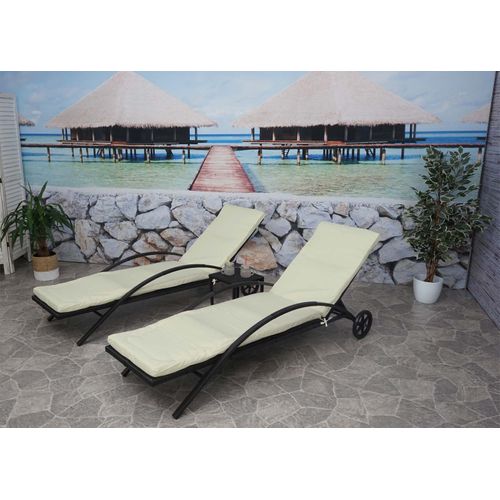 2x Chaises Longues Hwc-e27 En Polyrotin ~ Noir, Coussins Crème-beige