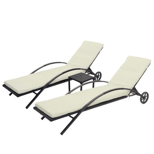 2x Chaises Longues Hwc-e27 En Polyrotin ~ Noir, Coussins Crème-beige