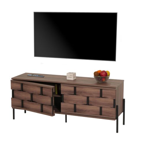 Meuble TV Hwc-m44 Design 3d Tressé Push-to-open Portes 120cm, Marron