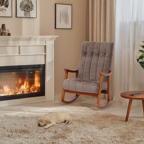 Fauteuil à Bascule Hwc-k10 Chenille (465g/m²) Marron, Piètement Aspect Noyer