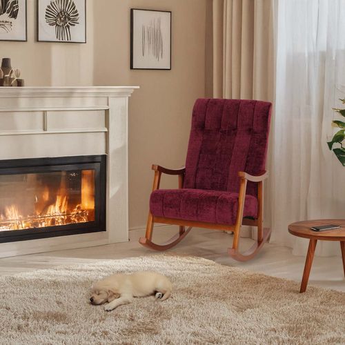 Fauteuil à Bascule Hwc-k10 Chenille (465g/m²) Bordeaux, Piètement Aspect Noyer