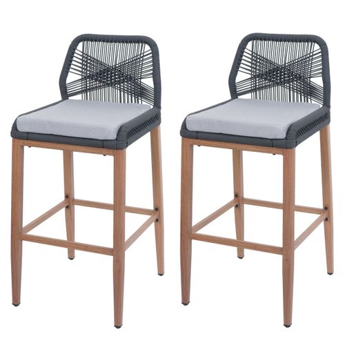 Lot De 2 Tabourets De Bar Rope Hwc-o21 Anthracite, Coussin Gris Clair